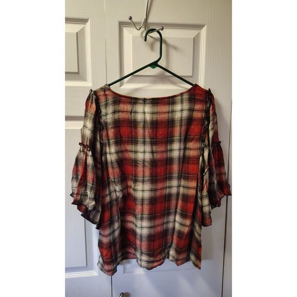 Melissa McCarthy Seven7 Women's Red Plaid Large 3/4 Balloon Sleeve Top - Picture 2 of 6